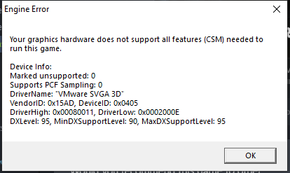 VMware Player Windows CS:GO Error
